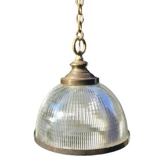 1920s Large Halophane Solid Brass & Prismatic Glass Light Fixture From Nyc Brownstone For Sale