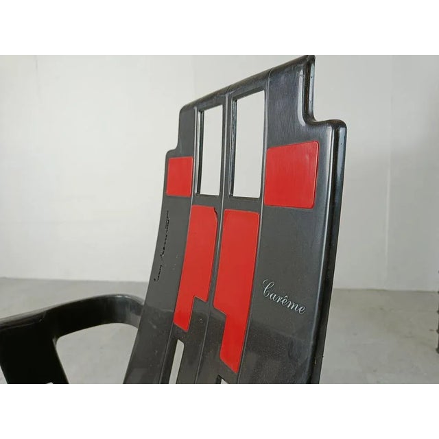 Set of 6 stackable Boston dining chairs by Pierre Paulin inspired by Piet Mondriaan and Charles Rennie Mackintosh. These...