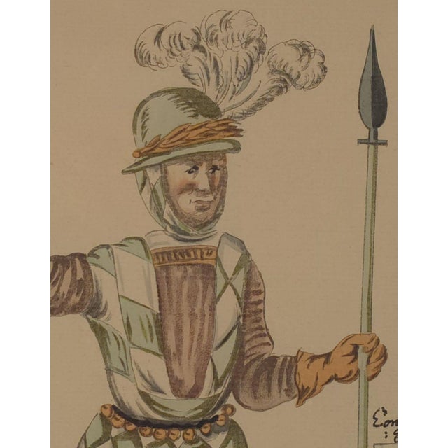 18th-Century Hand-Colored Engraving of Renaissance Soldier, Probably Germanv For Sale - Image 4 of 5
