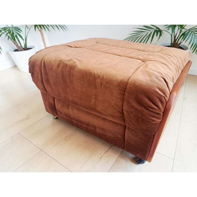 Mid-Century Saddle Ottoman in Teak and Caramel Velour on Castors from G-Plan, 1980s For Sale - Image 6 of 14