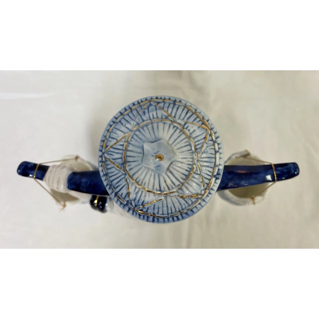 Vintage Blue and White Porcelain Asian Figurine Carrying Baskets For Sale - Image 10 of 13