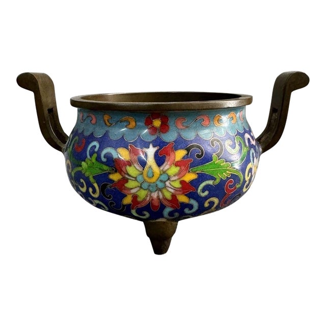 Vintage Chinese Cloisonné Enamel Tripod Censer With Handles For Sale