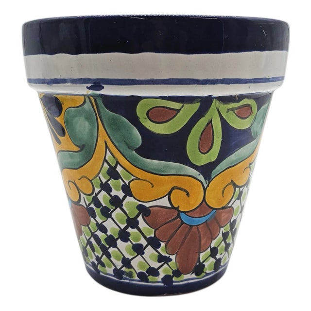 Large Hand-Painted Talavera Ceramic Planter – Mexican Folk Art Pottery Vessel For Sale