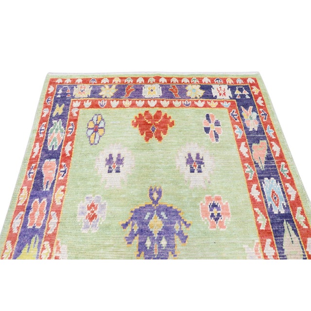 Textile Early 21st Century Green Multicolor Handwoven Wool Turkish Oushak Rug 5'5'" X 6'6'" For Sale - Image 7 of 9