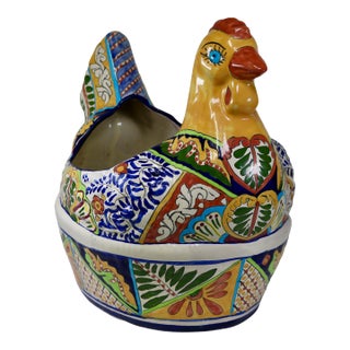 Vintage Talavera Mexican Pottery Huge Chicken Planter For Sale