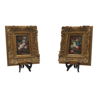 1980s Pair of Floral Still Life Oil on Board Paintings - Signed For Sale
