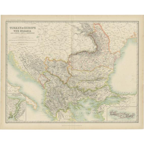 Antique Map of Turkey in Europe with Bulgaria by Johnston, 1909 For Sale