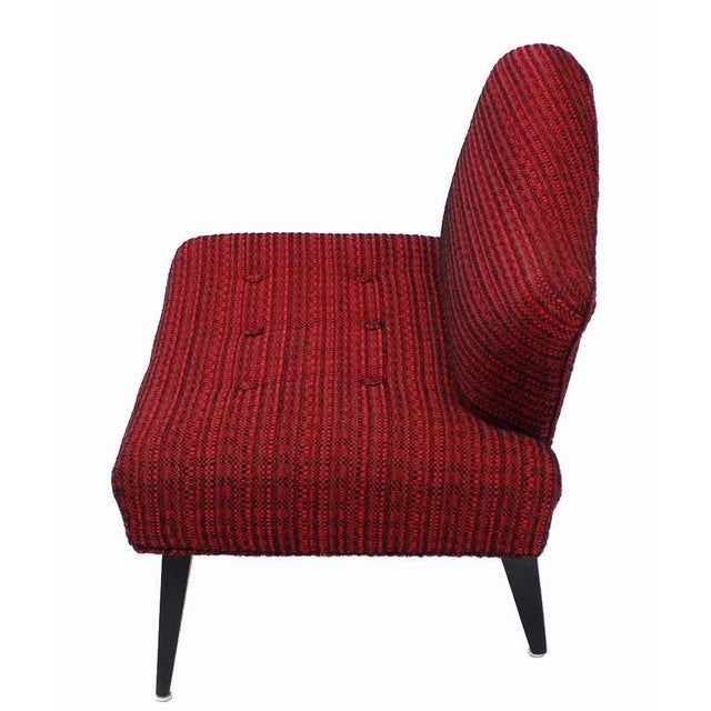 Wood Pair Red Upholstery Mid Century Modern Fireside Slipper Lounge Chairs Camel Back For Sale - Image 7 of 9