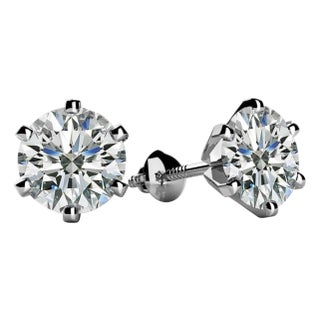 1.0 Carat Diamond Solitaire Stud Earrings 6 Prongs Screw Back 18 Kt White Gold For Sale