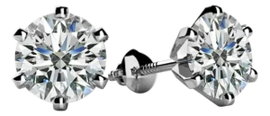 1.0 Carat Diamond Solitaire Stud Earrings 6 Prongs Screw Back 18 Kt White Gold