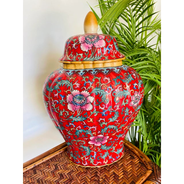 Red Vintage Chinese Famille-Rose Jar Arabesque on Red Featuring Lotus Flowers For Sale - Image 8 of 12