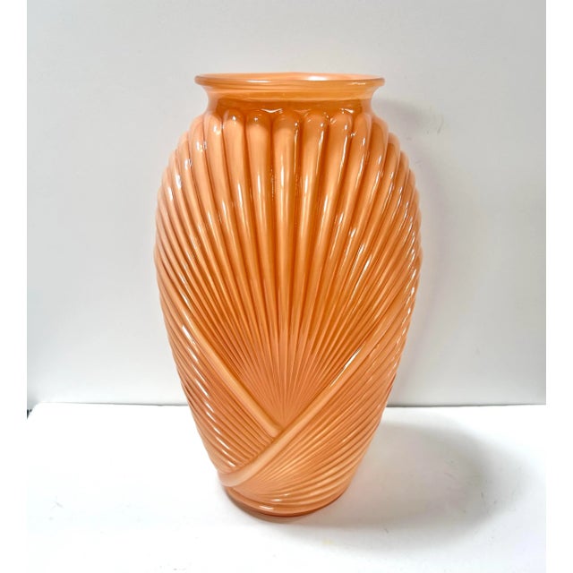 Vintage Anchor Hocking amber pressed glass vase featuring a dramatic draped fan design, a bold Art Deco revival piece with...