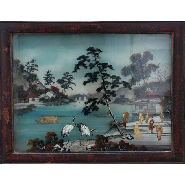 Antique Meiji Period Japanese Reverse Glass Painting - Mother of Pearl Inlay - Cranes at Mt. Fuji - C. 1890 For Sale - Image 9 of 10