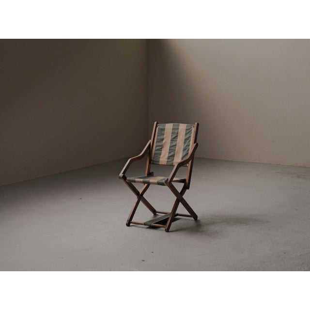 French Folding Campaign Chair in Wood and Striped Canvas, 1900s For Sale - Image 4 of 16