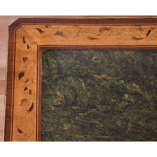 c.1910 French Louis XV Walnut Coffee Table With Satinwood Inlay & Green Marble Top Bronze Mounts For Sale - Image 16 of 16