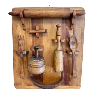 Mid 20th Century Kitchen Cutting Board With Hanging Tools in a Utilitarian Arts & Crafts Wall Piece