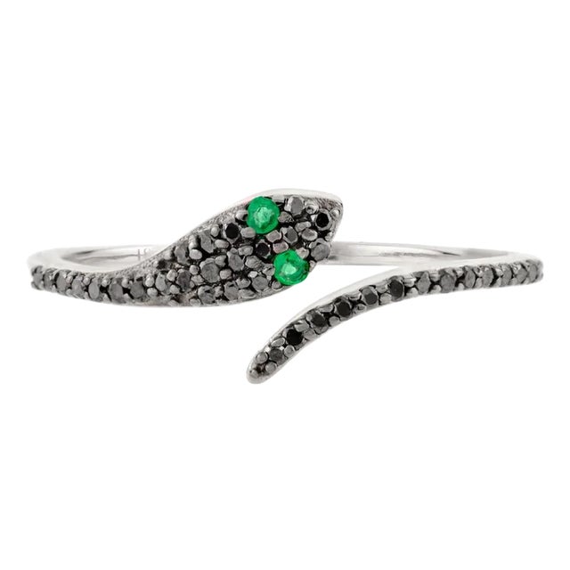 18k Gold Serpent Ring With Emerald Eyes and Pave Set Black Diamonds Size 5 For Sale