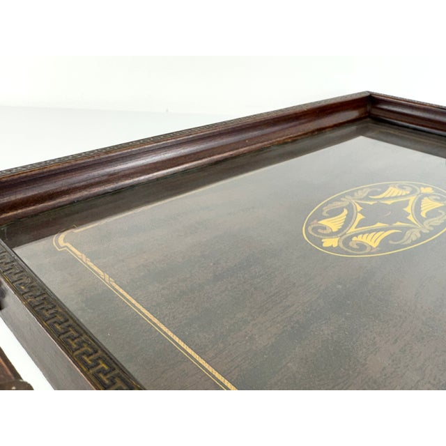Wood 1960s English Regency Style Inlaid Mahogany Serving Tray With Greek Key Border and Wood & Brass Handles For Sale - Image 7 of 10