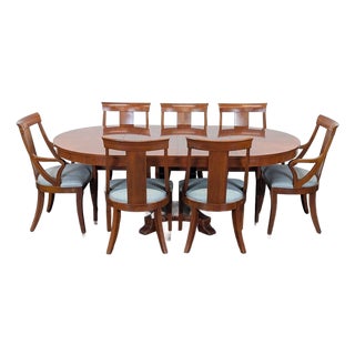 Ethan Allen 8-Piece Wood Dining Set With Extendable Table and Upholstered Chairs For Sale