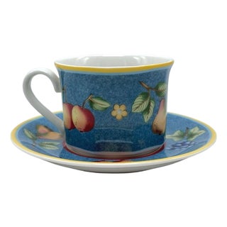 Late 20th Century Villeroy & Boch Citta Campagna Biella Blue Fruit Pattern Tea Cup/Saucer Set of 4 For Sale