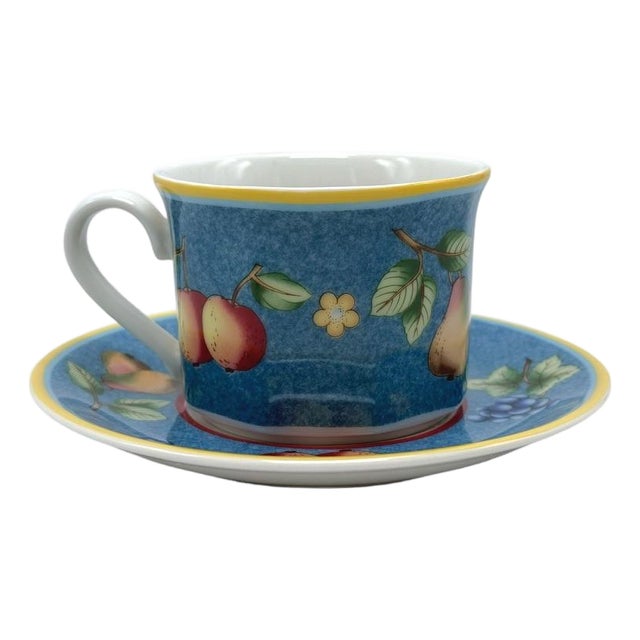 Late 20th Century Villeroy & Boch Citta Campagna Biella Blue Fruit Pattern Tea Cup/Saucer Set of 4 For Sale