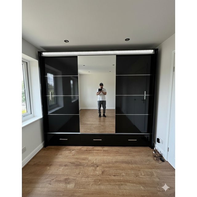 Modern Sliding Door Wardrobe Armoire With Shelving & Drawers – 250 Cm For Sale - Image 11 of 14