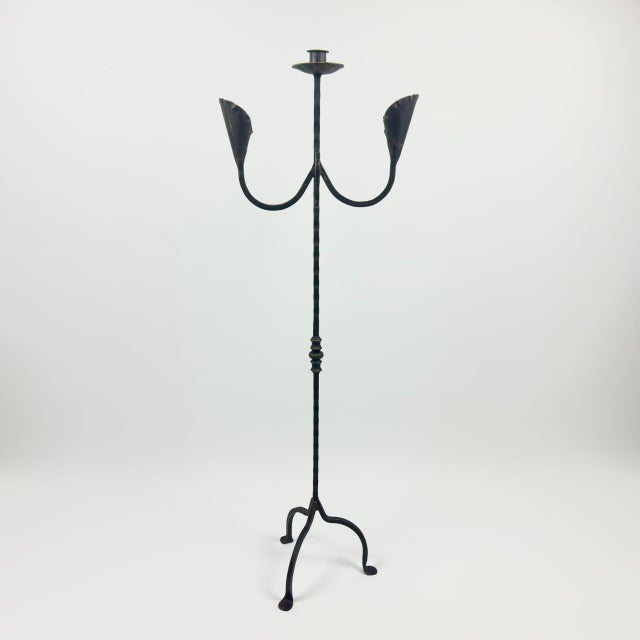 2020s Hand Forged Iron Candelabra 48″ (123cm) Antique Copper or Gold Patina 3-Arm Lily Cup Candle Holder Rustic Wedding Decor For Sale - Image 5 of 9