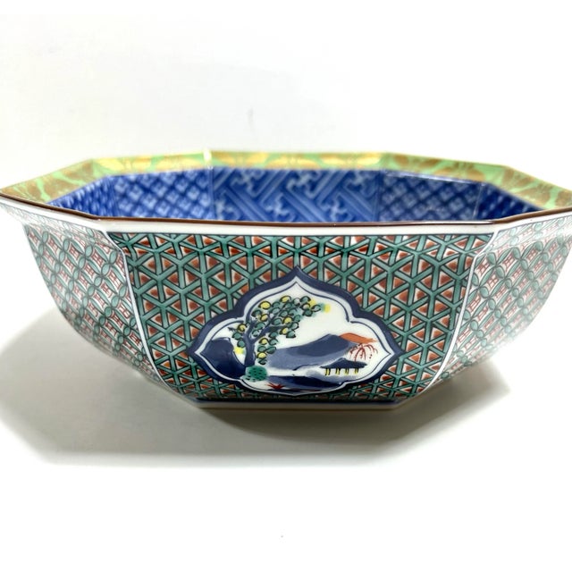 Blue Vintage Blue & White Chinoiserie Octagonal Porcelain Bowl With Gold Rim For Sale - Image 8 of 11