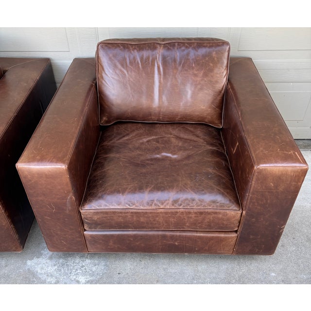 Restoration Hardware Maddox Brown Leather Down Filled Club Lounge Chairs a Pair For Sale - Image 9 of 15