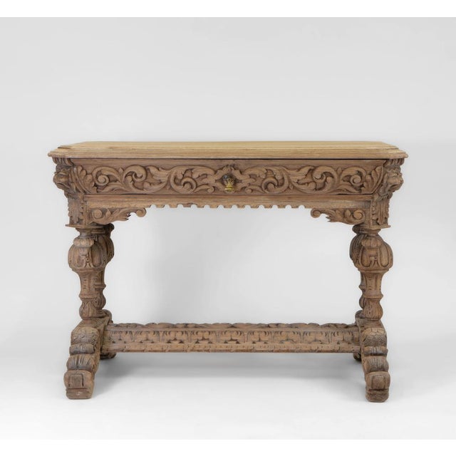 Antique English Bleached Carved Oak Hall Centre Table with Drawer, 1890s For Sale - Image 4 of 15