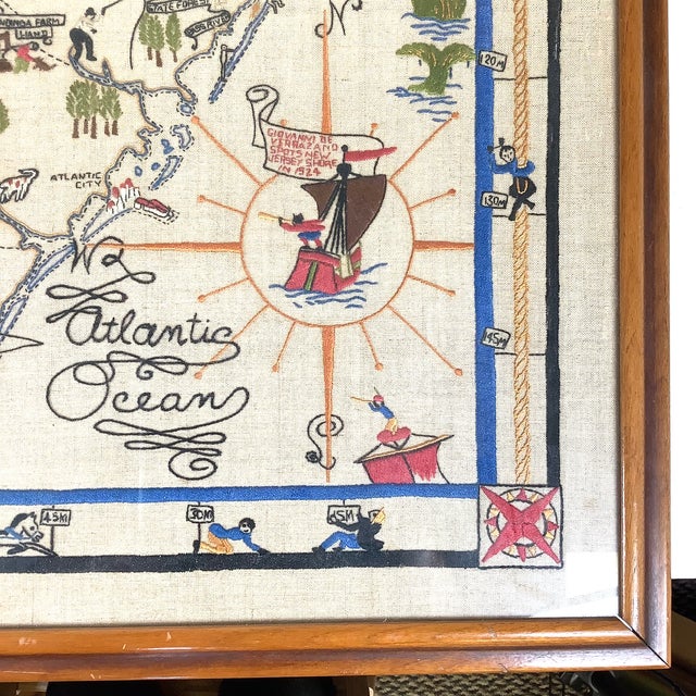Stunning signed hand-embroidered pictorial map of New Jersey made in 1937 by Edith Diver Masters of Irvington, New Jersey,...