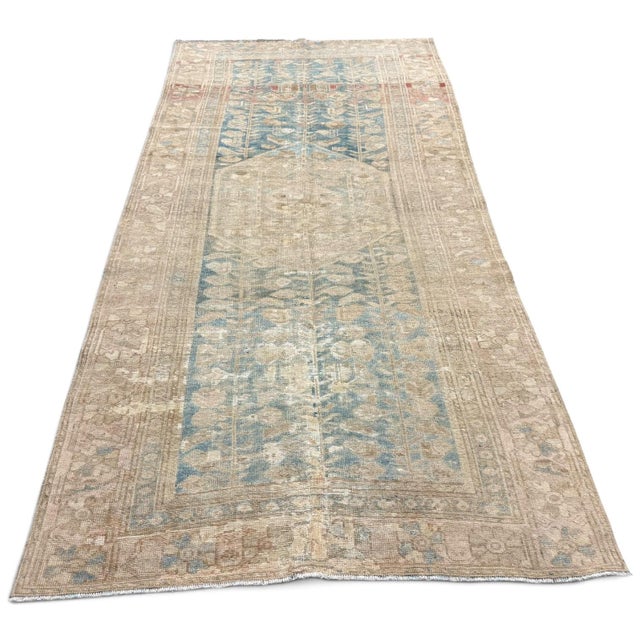 Persian Antique Persian Malayer Rug 4x9 | Faded Beige & Blue Geometric Elegance For Sale - Image 3 of 4