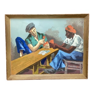 Mid 20th Century Color Block Print Signed Tromka Two Men Playing Cards For Sale