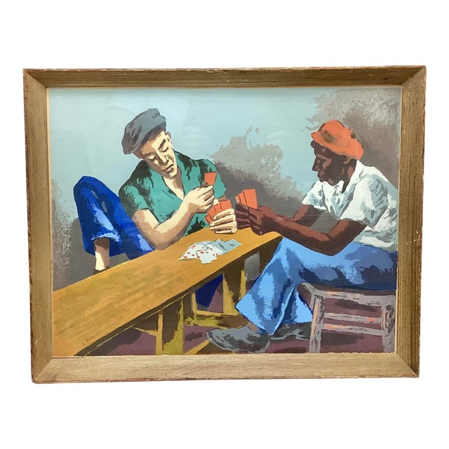 Mid 20th Century Color Block Print Signed Tromka Two Men Playing Cards For Sale