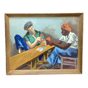 Mid 20th Century Color Block Print Signed Tromka Two Men Playing Cards