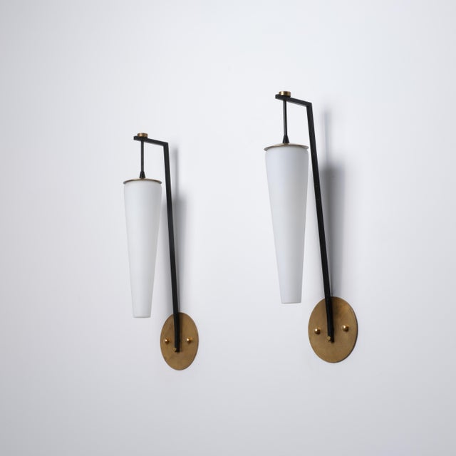 Large Italian Brass, Black Metal and Opaline Glass Sconces, 1950s, Set of 2 For Sale - Image 10 of 10