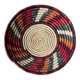 African Coiled Straw Basket, 11.5 In. Diameter, Multicolor For Sale