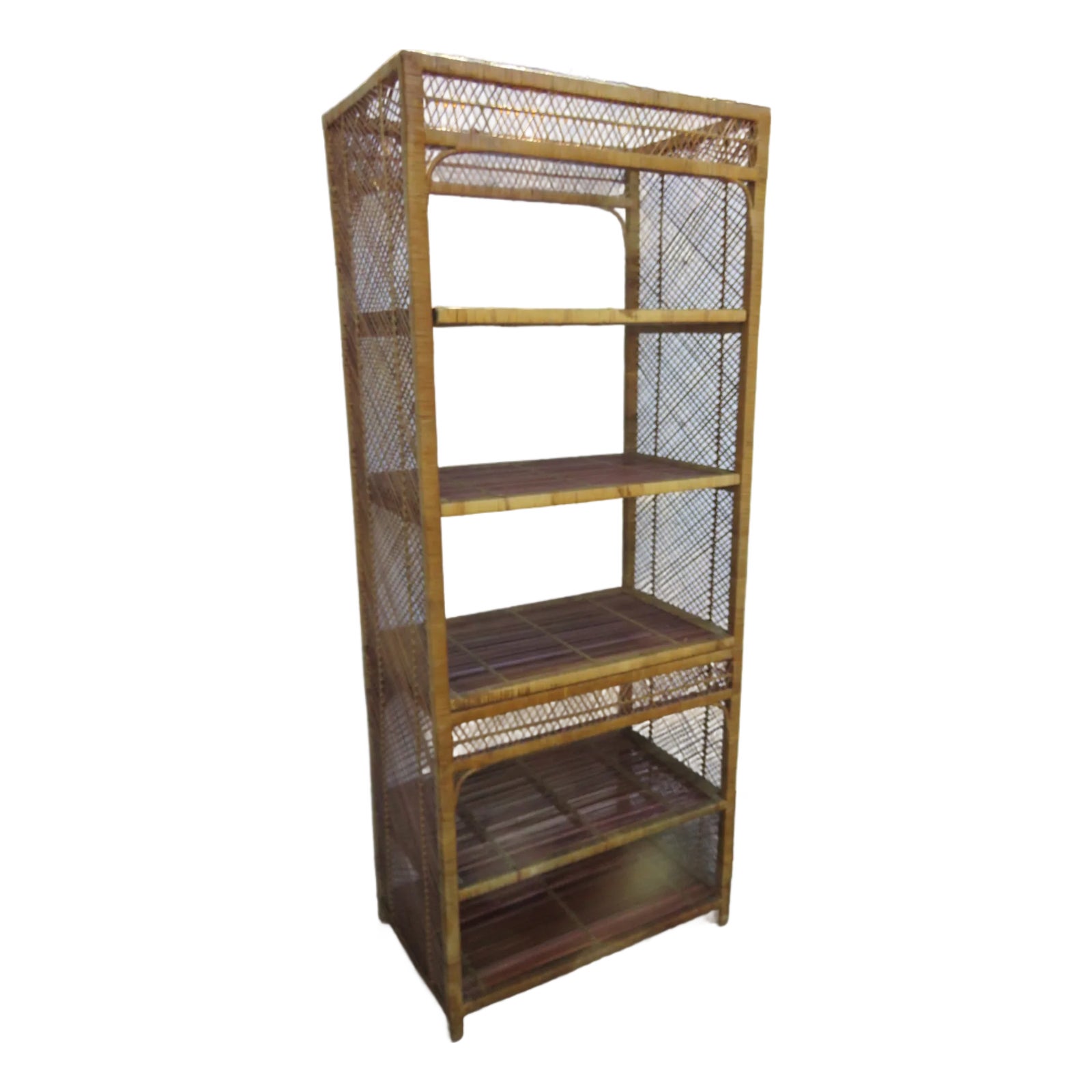 Late 20th Century Bamboo Wicker Rattan Display Shelving Unit Etagere ...