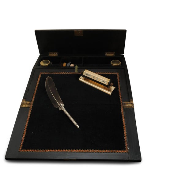 Victorian Japanned Writing Slope with Decorative Enamel Inlays & a Fitted Interior with Black Velvet, Set of 2 For Sale - Image 3 of 13