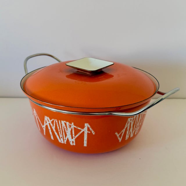 1960s Mid-Century Modern Catherineholm Rune Fence Post Sticks Casserole Dutch Oven W Lid Orange & White For Sale - Image 9 of 13