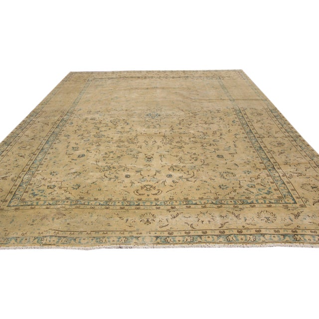 Shabby Chic Vintage Persian Tabriz Handmade Beige Floral Wool Rug For Sale - Image 3 of 7