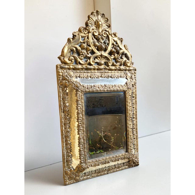 Louis Xiv Style Repoussé Brass Mirror with Side Panels — Napoleon Iii Period, 19th Century For Sale - Image 5 of 6