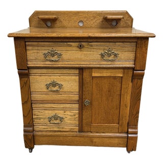 Antique Late Victorian Eastlake Style Golden Oak Washstand Commode For Sale