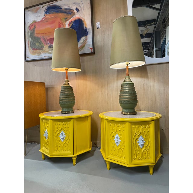 1970s 1970s Yellow and White Round Travertine Top Side Tables or Nightstands With Storage For Sale - Image 5 of 12