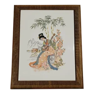Vintage Framed Ceramic Chinoisere Tile