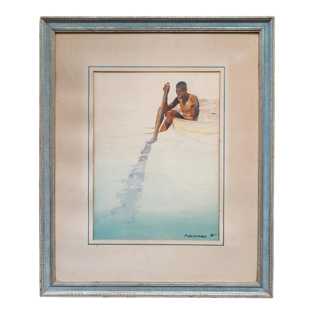 Early 20th Century American Watercolor of Man in Canoe by Frederick Soldwedel For Sale