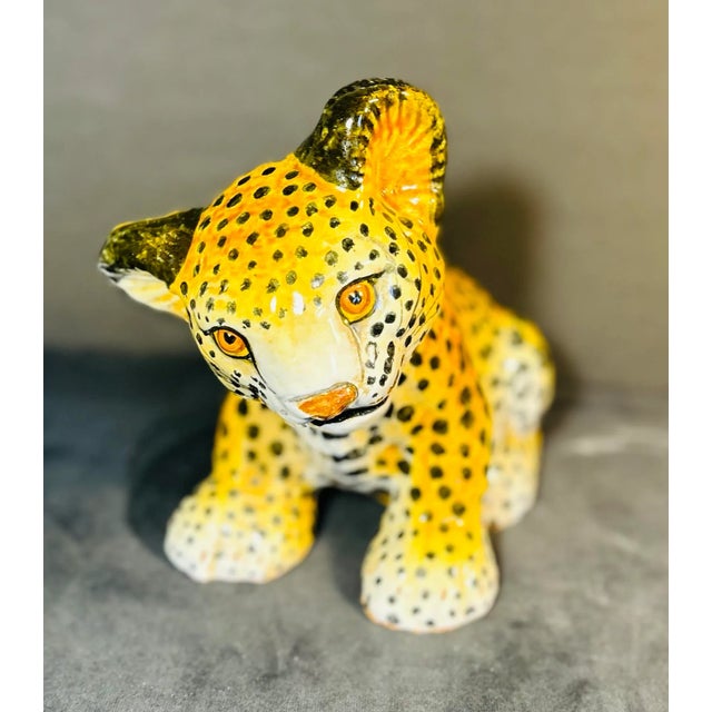 Italian Vintage Italian Figural Hand Painted Baby Leopard Terra Cotta Sculpture For Sale - Image 3 of 7