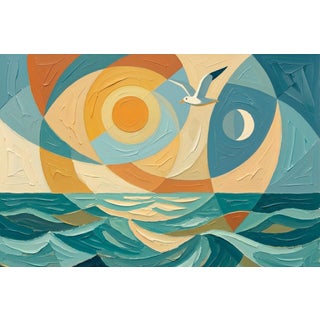 Abstract Coastal Sunrise Painting, Geometric Ocean Art Print, 36″ × 24″ For Sale