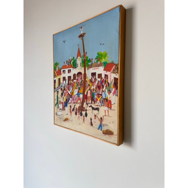 1970 Vintage Spanish Folk Carnival Oil on Canvas Painting by Fidel Fontalvo For Sale - Image 4 of 10