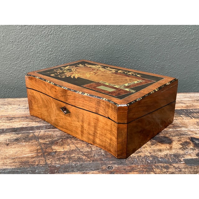 Vintage Wood Inlay Writing Desk With Inkwells For Sale - Image 10 of 14